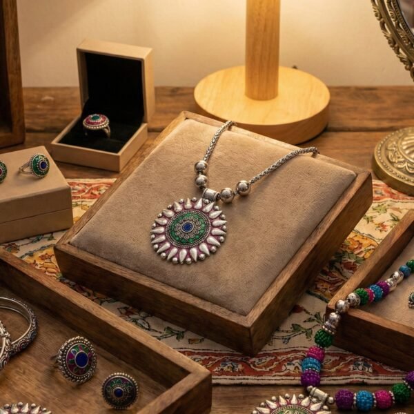 Oxidized Silver Finish Traditional Round Mandala Pendant Necklace (1 pC)