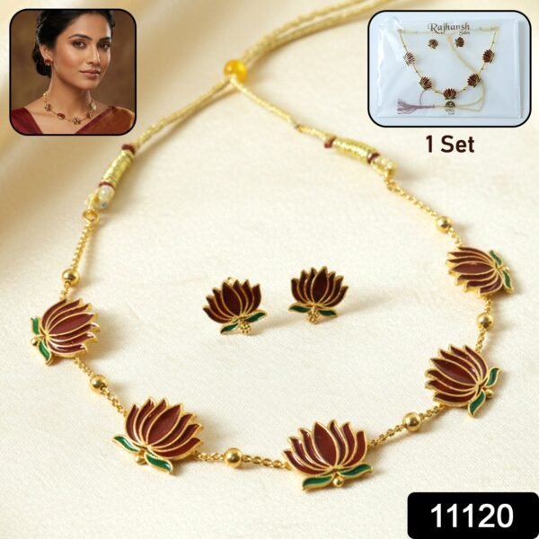 07_673d0a73-97b4-4e7d-97b5-80aa8913e077.jpg Traditional Lotus Design Necklace with Stud Earrings Set (1 Set)