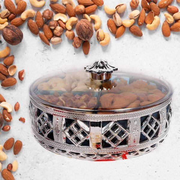 07_69761ed0-0f2e-4de4-8924-be193e57d94c.jpg Multipurpose Dry Fruit Box 4 Section Dry Fruit Round Silver Gift Box (1 Pc)