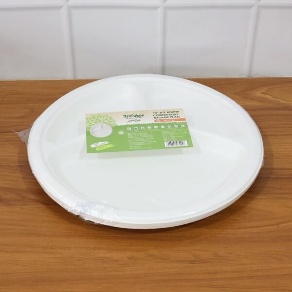 Freshee 10 Inch 3-Compartment Round Compostable Bagasse Plate (10 Pc)
