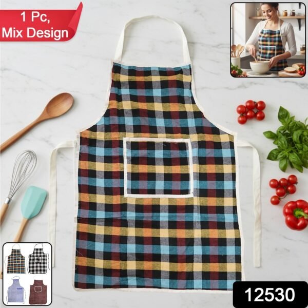0f649e83-0423-4a31-b3bf-72ba1910f408.jpg Cotton Checkered Kitchen Apron with Front Pocket (1 Pc)