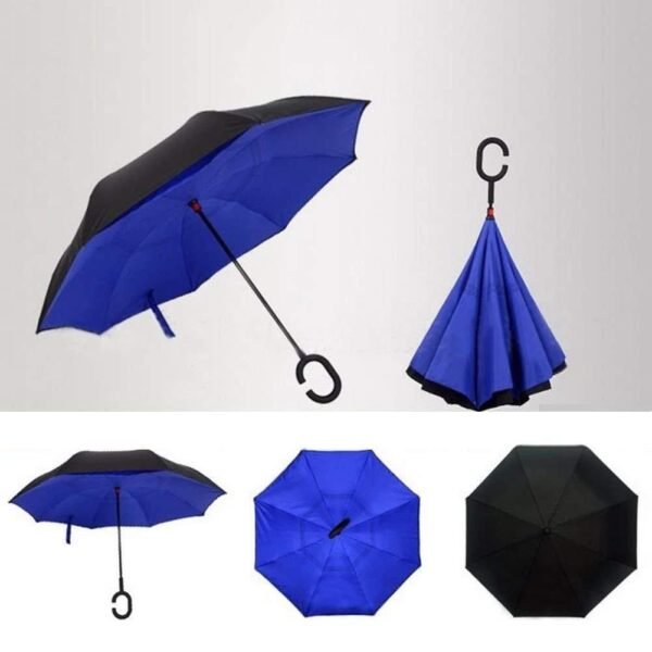 Plain design Windproof Upside Down Reverse Umbrella with C-Shaped Handle