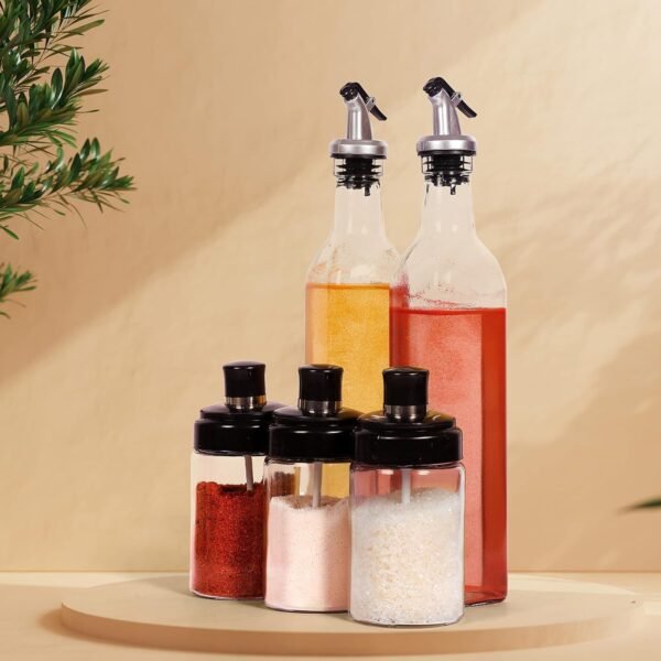 10011_oil_dispenser_n_spice_jar_5pc.jpg Transparent Glass Oil Dispenser 500 ML Bottle Set of 2, Spice Jar 250 ML Set of 3, Oil Bottle for Kitchen, Oil & Vinegar Storage Glass Bottle, Glass Container for Spice, Masala (5 Pcs Set)