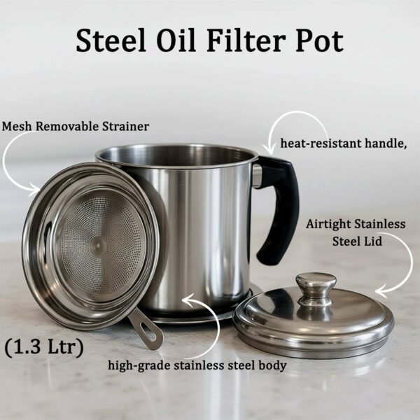 10974_ss_oil_strainer_pot_with_lid.jpg Premium Stainless Steel Oil Filter Pot (1.3 Ltr)
