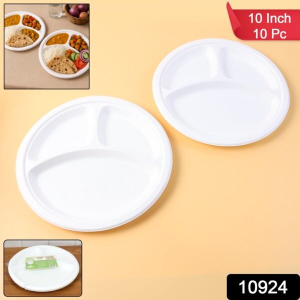 Freshee 10 Inch 3-Compartment Round Compostable Bagasse Plate (10 Pc)