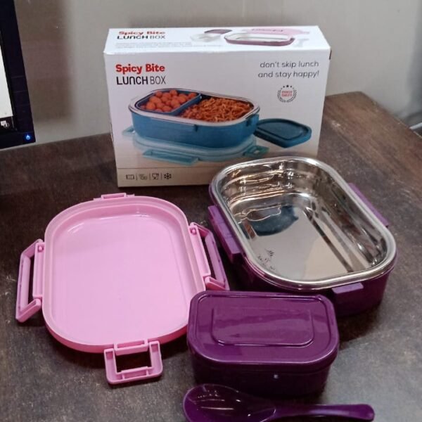 3 in 1 Spicy Bite Stainless Steel Lunch Box With Plastic Small Box & Spoon (1 Set)