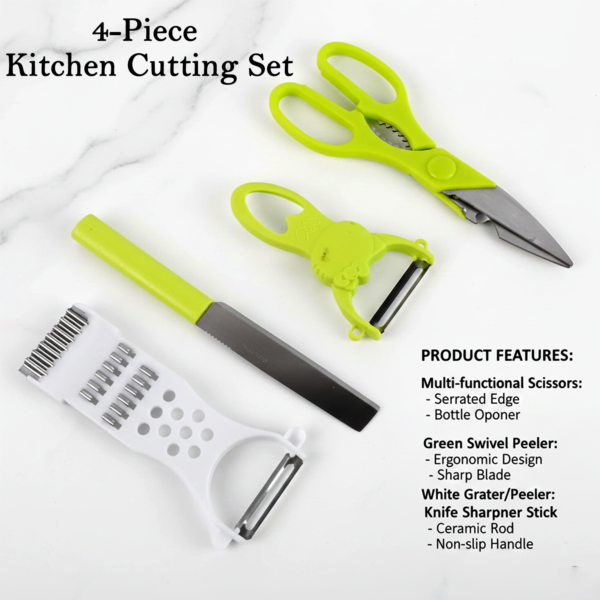 12227_4in1_kitchen_tools_kit.png 4-Piece Kitchen Cutting Set: Scissors, Peeler, Grater / Slicer, and Knife
