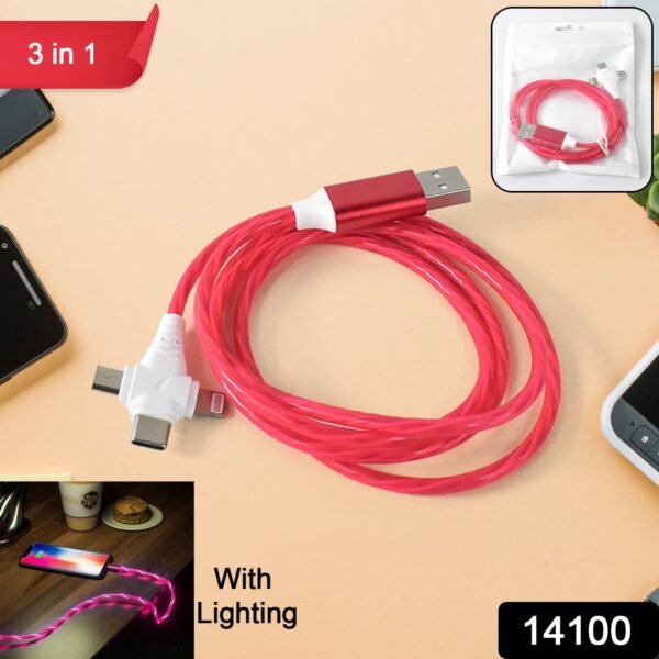 3 in 1 Charging Cable Light Up Fast Charger Lighting Cable (Mix Color)