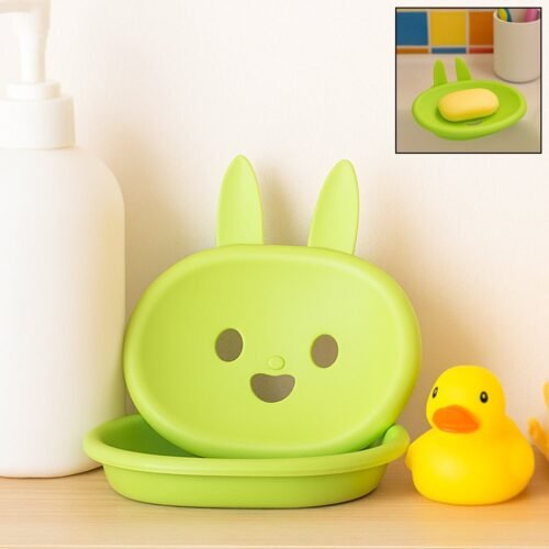 17768_smiling_face_soap_dish.jpg Soap Box Cute Rabbit Shape Double Bowl Plastic Rack Storage