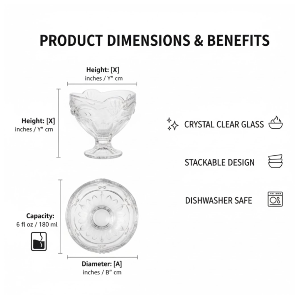 Glass Ice-Cream Cup Set, Home & Kitchen Serving or Dessert Cup (6 Pcs Set)