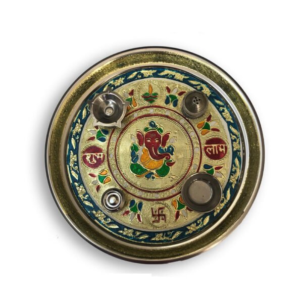 Stainless Steel Pooja Thali with Golden Chain, Diamond, Pearl & Fancy Stones