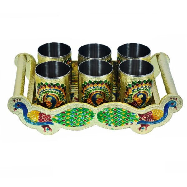 Peacock Design Glass with Handle and Handicraft Serving Tray Set