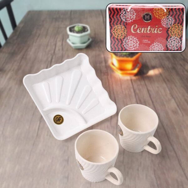 Cerntric Ceramic Tea Cup With Plastic Square Shape Serving Platter Milk Cup 3pc Set