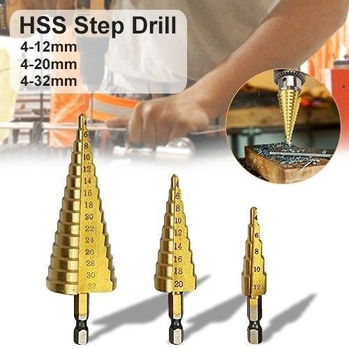1_9047ff78-d4b4-42b0-be1c-0201291832bb.jpg 3X Large HSS Steel Step Cone Drill Titanium Bit Set Hole Cutter (4-32, 4-20, 4-12mm)