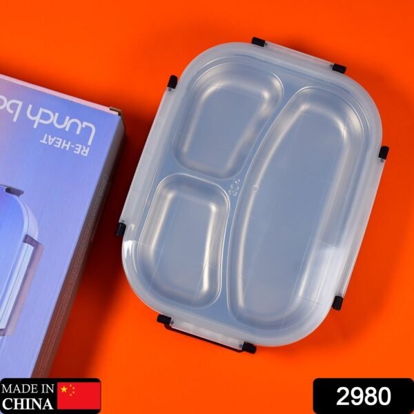 White Transparent Lunch Box – Stainless Steel with 3 Compartments for Kids & Adults