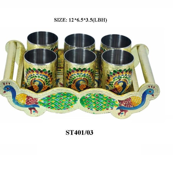 Peacock Design Glass with Handle and Handicraft Serving Tray Set