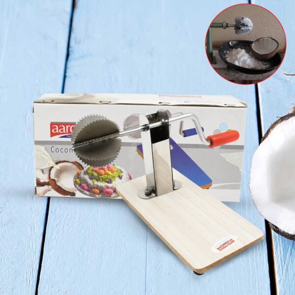 1_f8d4eb32-c9a4-4e14-8cf4-5d2c576ee680.jpg Stainless Steel Coconut Scraper with Wooden Base (1 Pc)