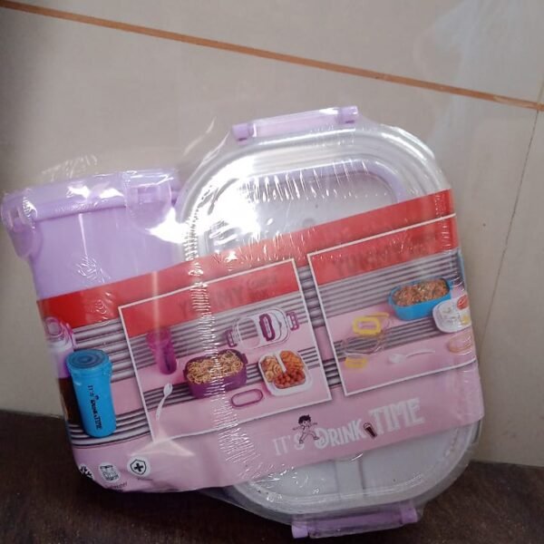Plastic Lunch Box With Small Box, Bottle & Sponn for Kids Lunch Box (4 Pc Set)