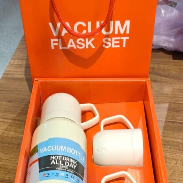 White Vacuum Flask Set – Stainless Steel Thermos with 3 Cups, Approx 500ml