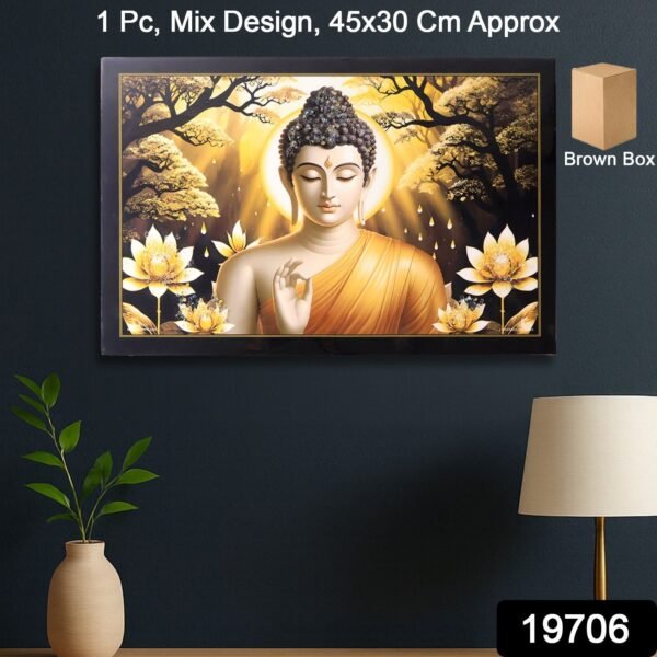 Decorative Lord Buddha Wall Painting Wooden Frame Mix Design, 45x30 Cm Approx (1 Pc)