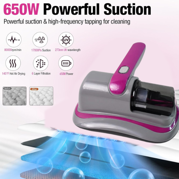 Powerful Suction Portable Handheld Vacuum Cleaner - Low Noise Vacuum Cleaner for Bed - Cordless Vacuum Cleaner for Car Seat Crevices Pillows, Mattresses, Sofas Wireless Anti Dust and Mite Cleaner