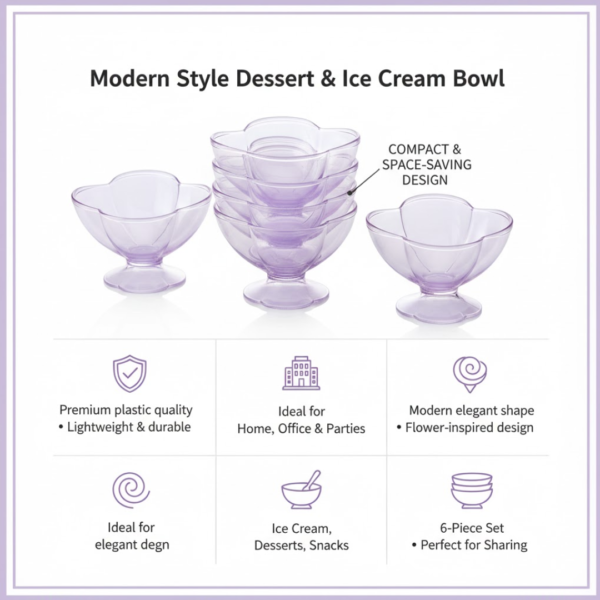 MODERN STYLE DESSERT & ICE CREAM BOWL PLASTIC 6PCS FOR HOME ,OFFICE,PARTY
