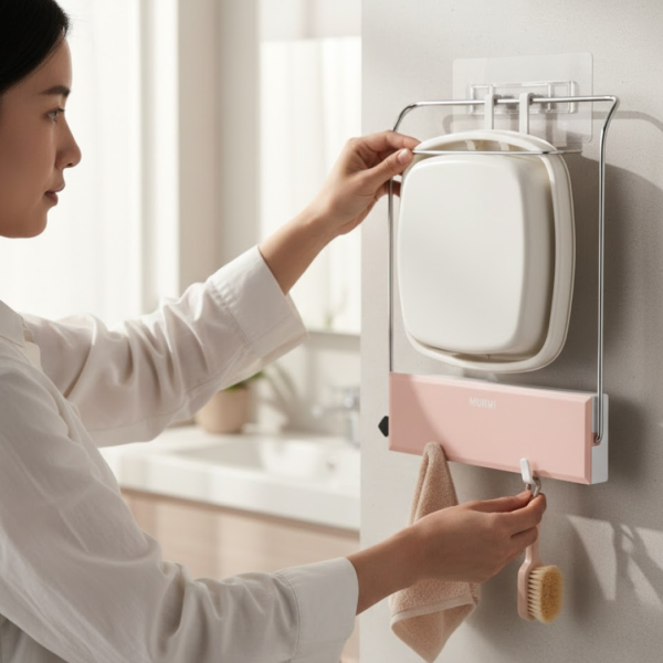 2092621072.png Wall-Mounted Foldable Wash Basin Storage Rack with Self-Adhesive Sticker