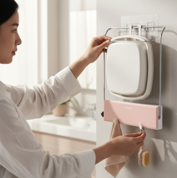 2092621072.png Wall-Mounted Foldable Wash Basin Storage Rack with Self-Adhesive Sticker