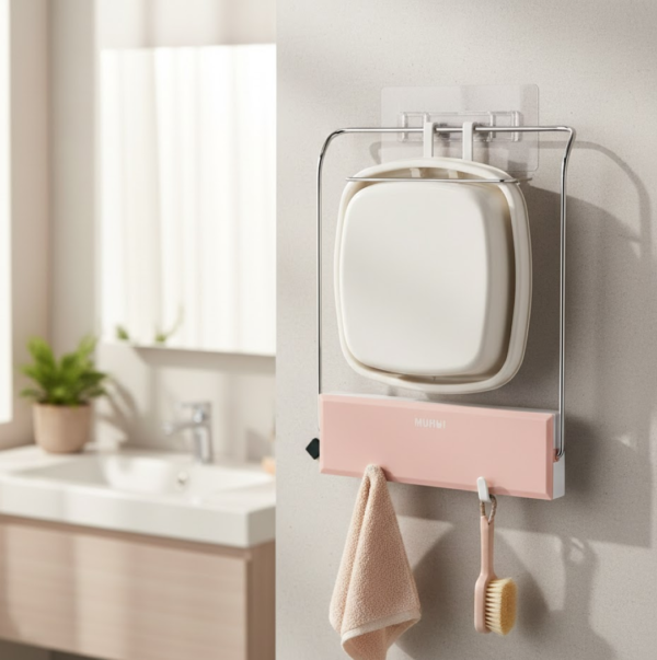 2092621073.png Wall-Mounted Foldable Wash Basin Storage Rack with Self-Adhesive Sticker