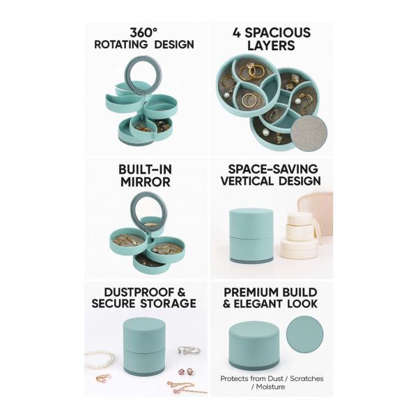 4 Layers Jewellery Box, 360 Degree Rotating Jewelry Box, Jewelry and Earring Organizer Box with Mirror, Accessory Storage Box, Travel Decor Portable Jewelry Case Ornaments Storage Box Necklace Jewelry Organizer Jewelry Organizer Box