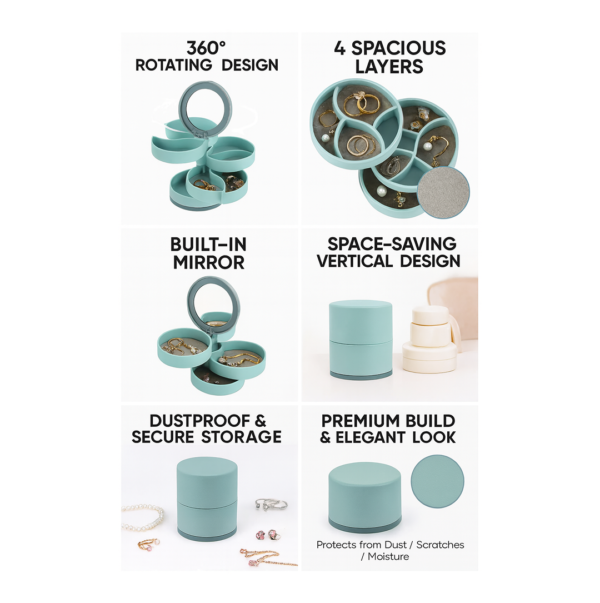 4 Layers Jewellery Box, 360 Degree Rotating Jewelry Box, Jewelry and Earring Organizer Box with Mirror, Accessory Storage Box, Travel Decor Portable Jewelry Case Ornaments Storage Box Necklace Jewelry Organizer Jewelry Organizer Box