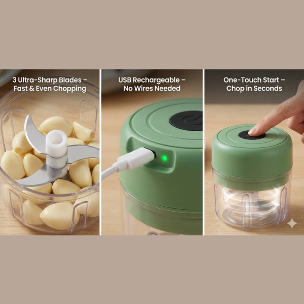 2092621468_55ecb1e4-7b7b-4761-8b20-74d49d7a7d69.png Wireless USB Rechargeable Mini Electric Garlic Machine / Chopper 3 Blades (300Ml)