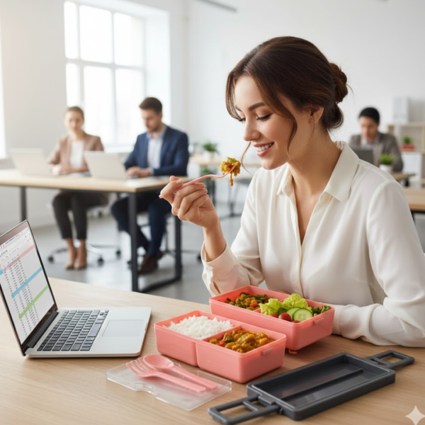 Plastic 2 Layer Leak Proof 3 Compartment Lunch Box for Office  (1 Pc)