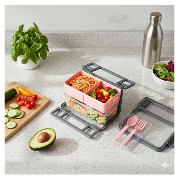 Plastic 2 Layer Leak Proof 3 Compartment Lunch Box for Office  (1 Pc)