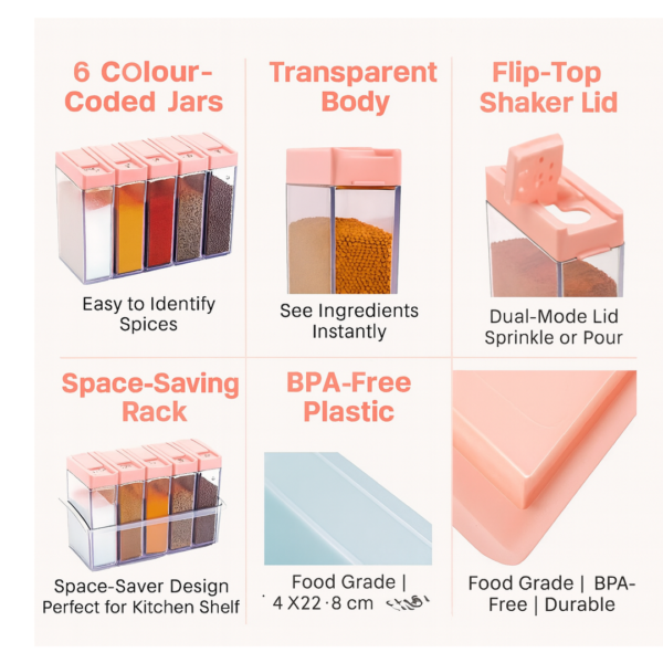 2092621484.png Plastic Spice Jars (6 pcs, 14x22x8cm, Multicolour)