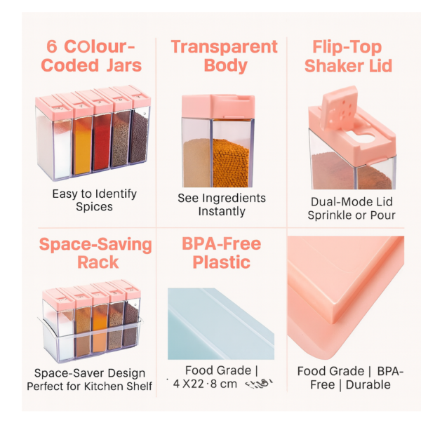 2092621484.png Plastic Spice Jars (6 pcs, 14x22x8cm, Multicolour)