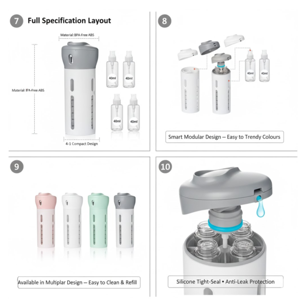 2092621499.png 4 in 1 Travel Dispenser Bottle Set Travel Refillable Cosmetic Containers Set