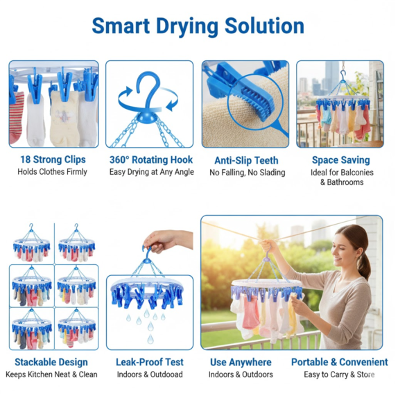 2092621522.png Plastic Round Cloth Drying Stand Hanger with 18 Clips (Multicolour)