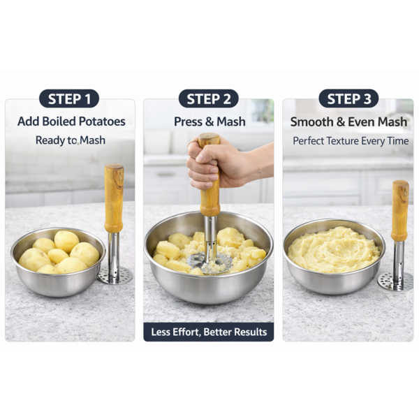 Stainless Steel Potato Masher, Pav Bhaji Masher with wooden handle