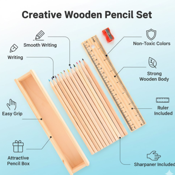 2092621735.png Colorful Wooden Pencil Set with Pencil box, Ruler, Sharpener (12 Pcs Set)