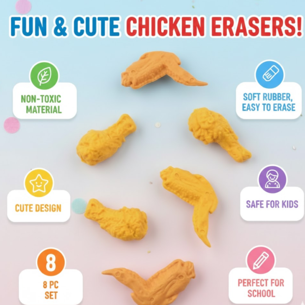 Cute Chicken Wing & Leg Erasers for Kids & Students (8 Pc Set)