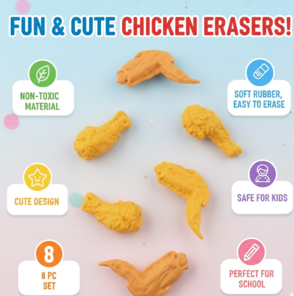 Cute Chicken Wing & Leg Erasers for Kids & Students (8 Pc Set)