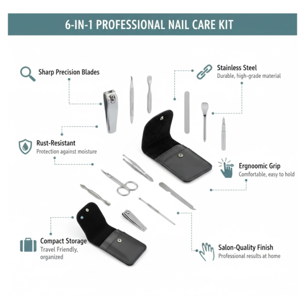 6-in-1 Professional Nail Care Kit: Clippers, Scissors & More Nail (Travel or Home)