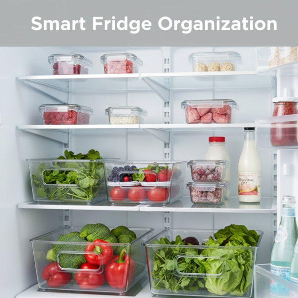 Plastic Refrigerator Organizer Bins, 1 Stackable Fridge Organizers with Handle, Clear Organizing Food Fruit Vegetables Pantry Storage Bins for Freezer kitchen Cabinet Organization and Storage (1 Pc Mix Color)