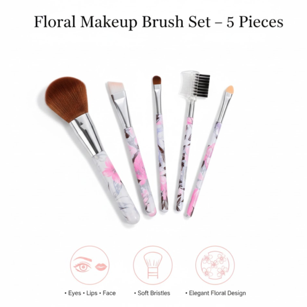 Floral Makeup Brush Set for Eyes, Lips, and Face (5 Pc)