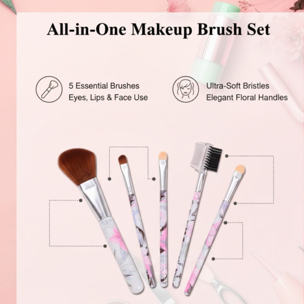 Floral Makeup Brush Set for Eyes, Lips, and Face (5 Pc)