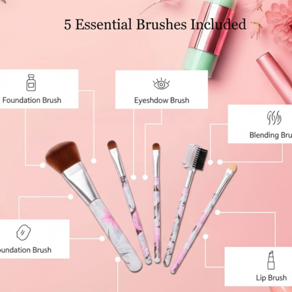 Floral Makeup Brush Set for Eyes, Lips, and Face (5 Pc)