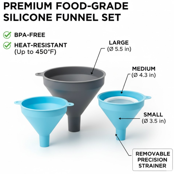3 in 1 Kitchen Funnel Set of 3, Funnel for Filling Bottle, Small Canning Funnel with Handle, Food Grade Plastic Funnel with Detachable Strainer Filter for Liquid, Dry Ingredients, and Powder