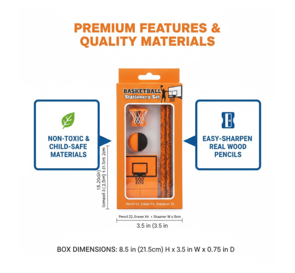 Football & Basketball Stationery Kit – Pencil, Sharpener & Eraser (Birthday Gift)