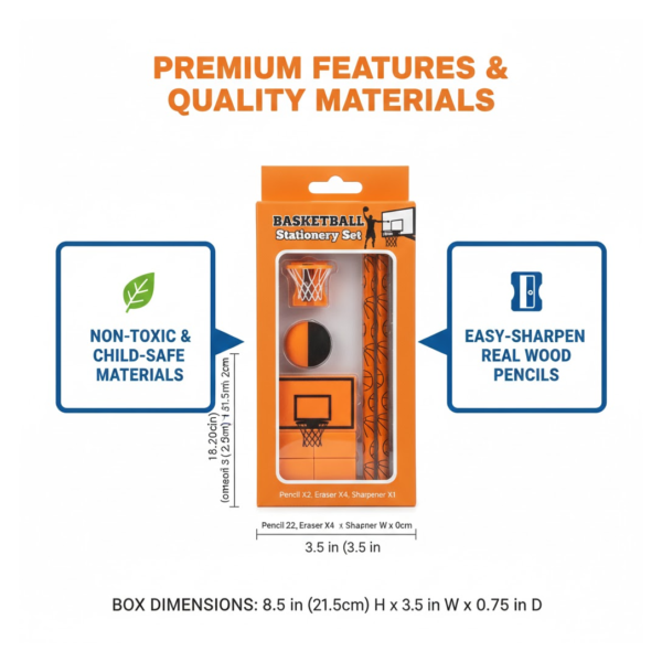 Football & Basketball Stationery Kit – Pencil, Sharpener & Eraser (Birthday Gift)